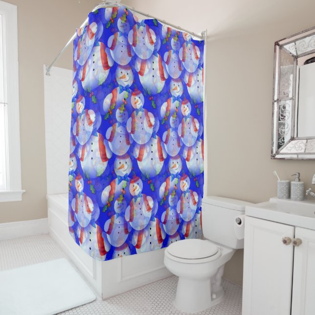 Christmas Snow Man In Blue Background New Year  Shower Curtain (In Situ)