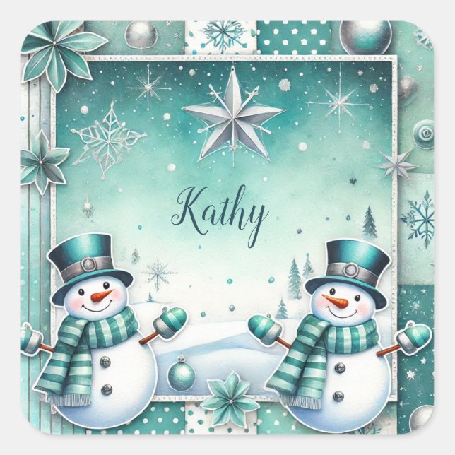 Christmas: snow man turquoise square sticker (Front)