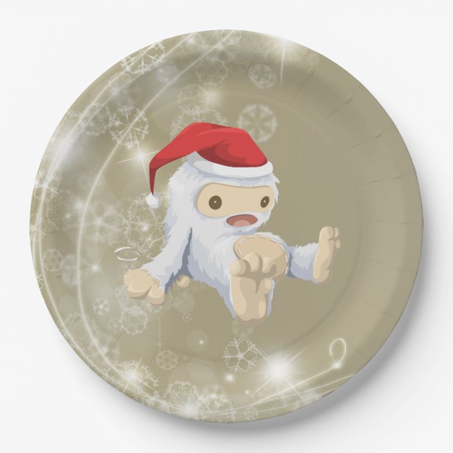 Christmas Snow Monster Doll With a Red Santa Hat Paper Plate (Front)