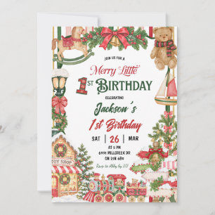 Christmas Snow Theme Merry Little First Birthday Invitation
