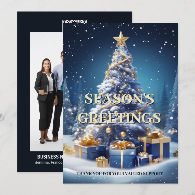 Christmas snow tree blue white business DIY photo Holiday Card (Front/Back)