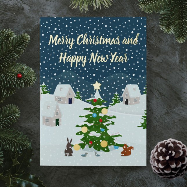 Christmas snow village with christmas tree  (Christmas snow village foil holiday custom card. Personalize it with your photo and text.)