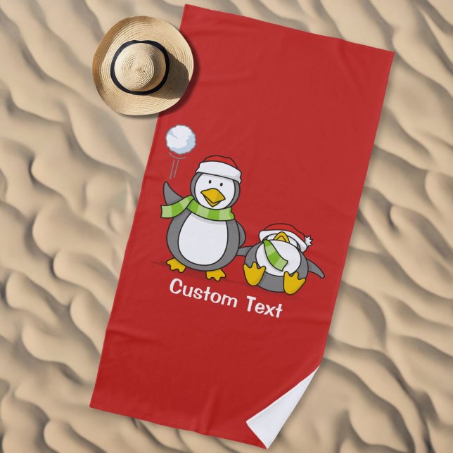 Christmas Snowballing penguins Beach Towel (Creator Uploaded)