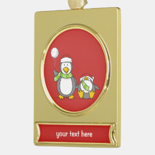 Christmas Snowballing penguins Gold Plated Banner Ornament