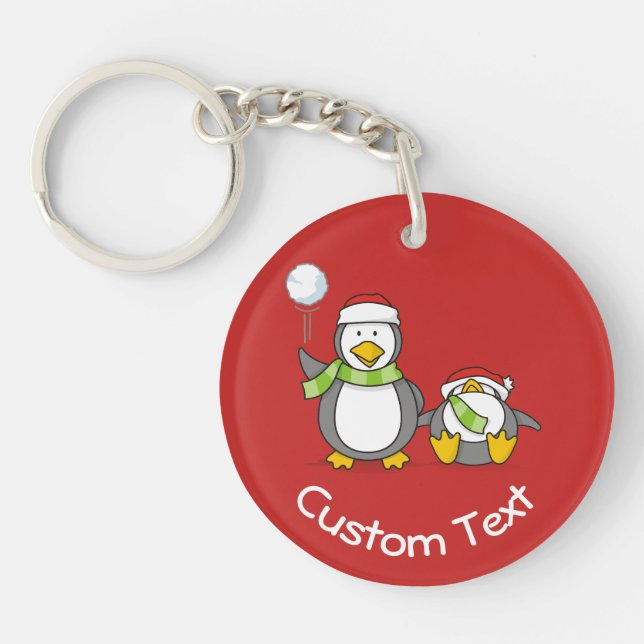 Christmas Snowballing Penguins Keychain (Front)