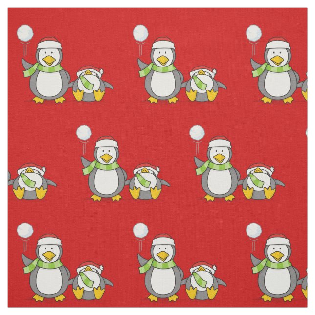 Christmas Snowballing Penguins Pattern Fabric (Swatch)