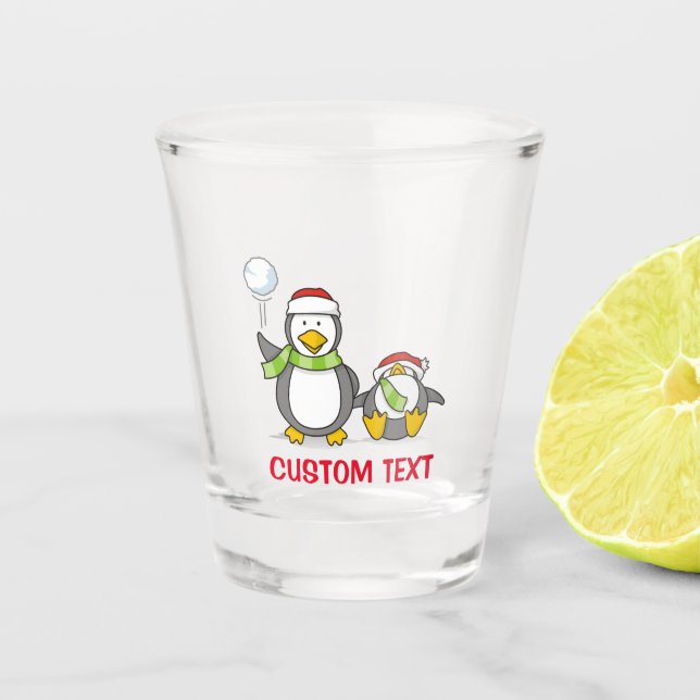 Christmas Snowballing penguins Shot Glass (Front)