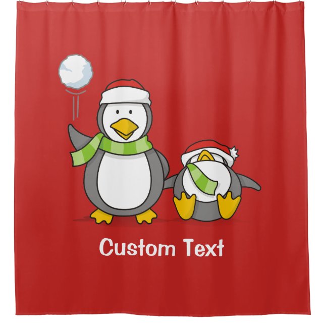 Christmas Snowballing penguins Shower Curtain (Front)