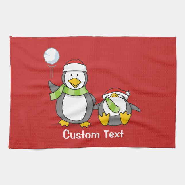 Christmas Snowballing penguins Tea Towel (Horizontal)