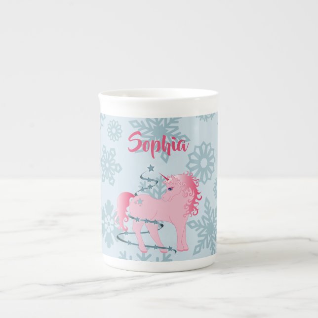 Christmas Snowflake Cute Unicorn Kid Hot Chocolate Bone China Mug (Front)