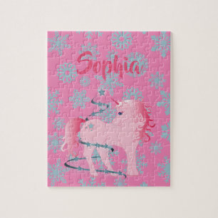 Christmas Snowflake Cute Unicorn  Pink Jigsaw Puzzle