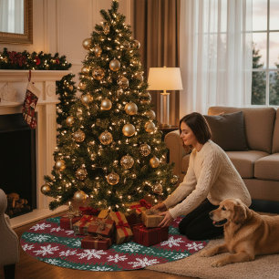Christmas Snowflake Faux Knitted Red Green Pattern Brushed Polyester Tree Skirt