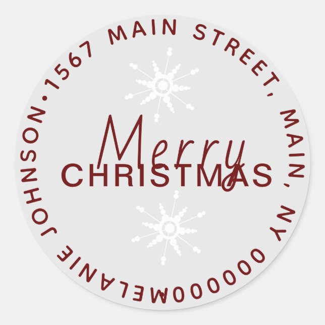 Christmas Snowflake Grey White Family Address Classic Round Sticker (Front)