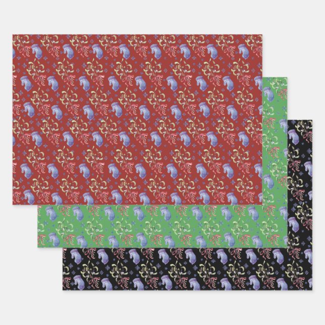 Christmas Snowflake, Mittens and Mistletoe Pattern Wrapping Paper Sheet (Set)