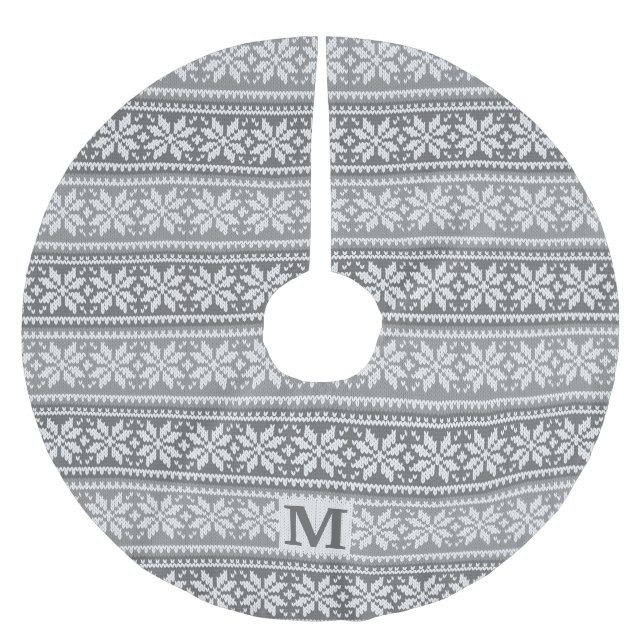 Christmas Snowflake Monogram Grey Knit Sweater Brushed Polyester Tree Skirt (Front)