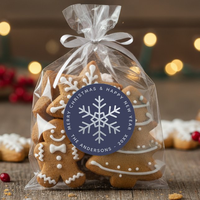 Christmas Snowflake Navy Blue Faux Silver Elegant  Classic Round Sticker (Creator Uploaded)