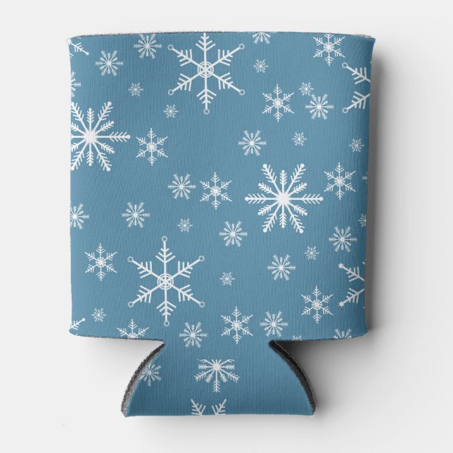 Christmas Snowflake On Blue Can Cooler (Front)