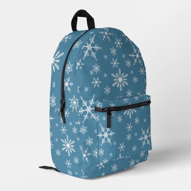 Christmas Snowflake On Blue Printed Backpack (Back Corner Left)