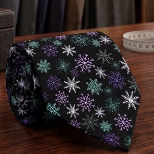 Christmas Snowflake Pattern Black Purple Mint Teal Tie (Creator Uploaded)
