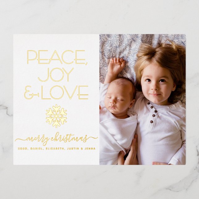 Christmas Snowflake Peace Joy Love Photo Real Gold Foil Holiday Postcard (Front)