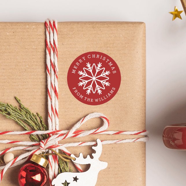 Christmas Snowflake Personalised custom colour Classic Round Sticker (RED SNOWFLAKE THEMED ROUND STICKER WITH CUSTOM TEXT)