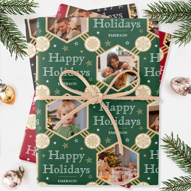 Christmas Snowflake Photo Green Red Black 3 Wrapping Paper Sheet (Creator Uploaded)