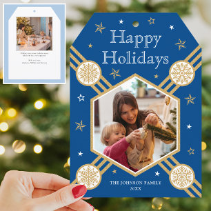 Christmas Snowflake Photo Name Blue Flat Tag Holiday Card