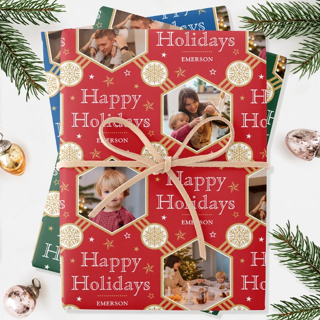 Christmas Snowflake Photo Red Green Blue 3 Wrapping Paper Sheet (Creator Uploaded)