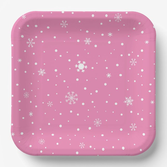 Christmas snowflake pink and white polka dot paper plate (Front)