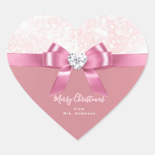 Christmas Snowflake Pink Glossy Ribbon And Diamond Heart Sticker