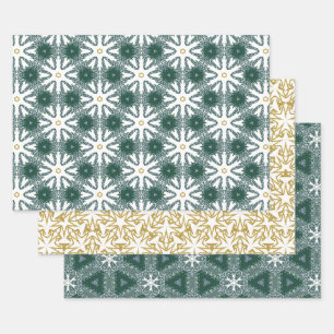 Christmas Snowflake Star Gold Green Luxury Pattern Wrapping Paper Sheet