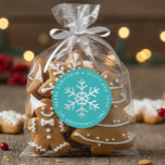 Christmas Snowflake Teal Elegant Faux Silver Foil  Classic Round Sticker<br><div class="desc">An elegant teal and silver sticker for the holidays greeting card. It has a faux silver foil snowflake in the center and silvery gray text in the circle around it: above it there is the message Merry Christmas & Happy New Year, under it there is the family name and the...</div>