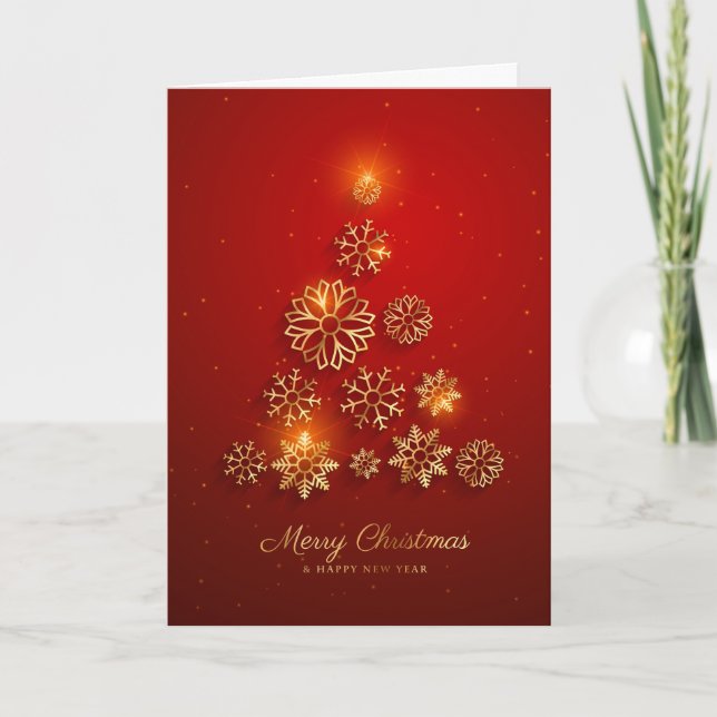Christmas Snowflake Tree red, gold Holiday Card (Front)