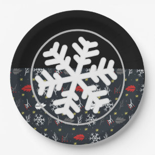 Christmas Snowflakes and Leaves with Black Back Paper Plate