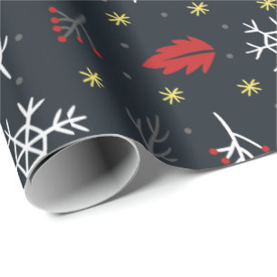 Christmas Snowflakes and Leaves with Black Back  Wrapping Paper