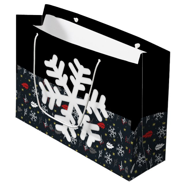 Christmas Snowflakes and Leaves with Black  Tissue Large Gift Bag (Front Angled)