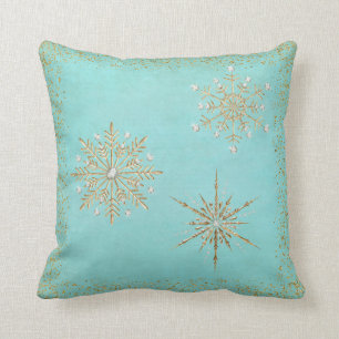 Christmas Snowflakes Aqua & Gold Glitter Cushion
