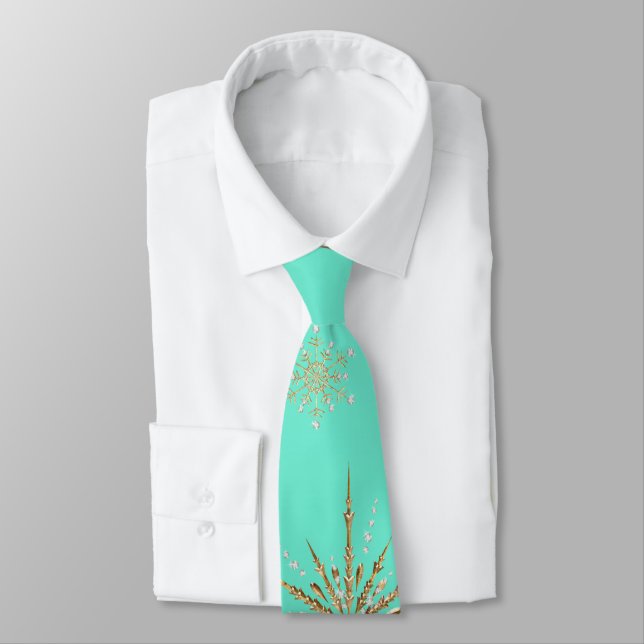 Christmas Snowflakes Aqua & Gold Holiday Tie (Tied)