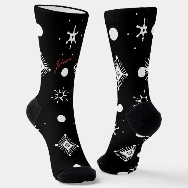 Christmas Snowflakes Black White Script Name Red Socks (Angled)