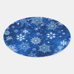Christmas Snowflakes Blue and Silver Oval Sticker