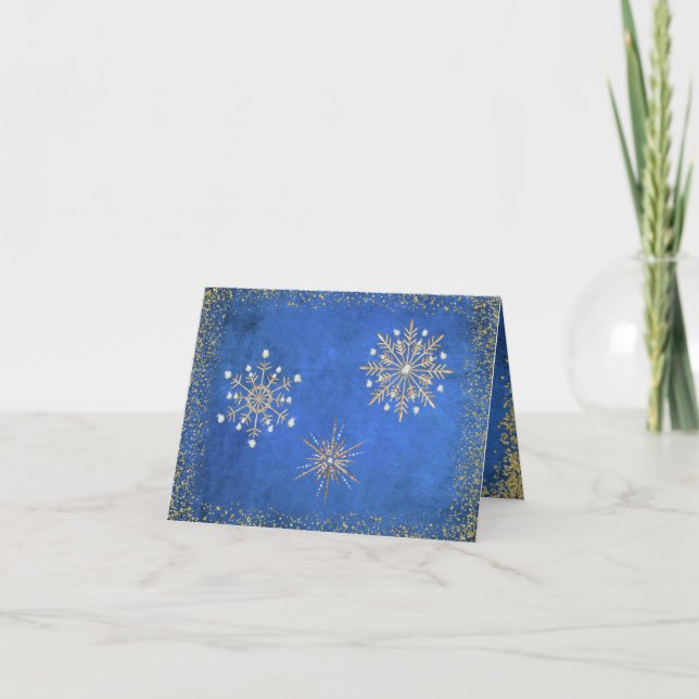 Christmas Snowflakes Blue & Gold Holiday Card (Front)