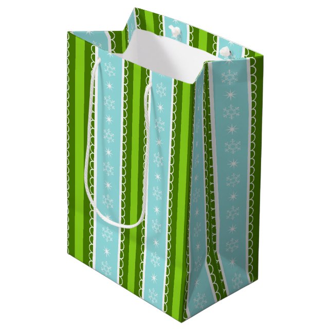 Christmas Snowflakes Blue & Green Stripe Pattern Medium Gift Bag (Front Angled)