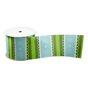 Christmas Snowflakes Blue & Green Stripe Pattern Satin Ribbon