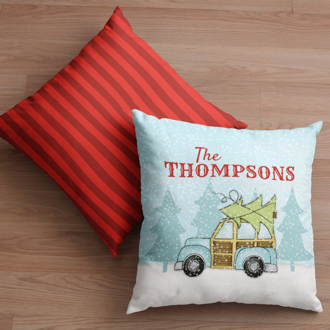 Christmas Snowflakes Car Cute Personalised Custom Cushion (Whimsical Christmas holiday Woodie car throw pillow)