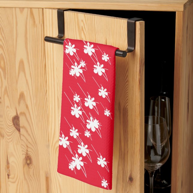 Christmas snowflakes flowers pattern red white tea towel (Thirds Fold)
