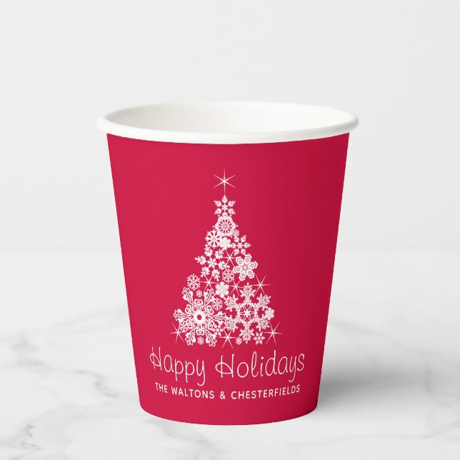 Christmas snowflakes graphic tree red white paper cups (Front)