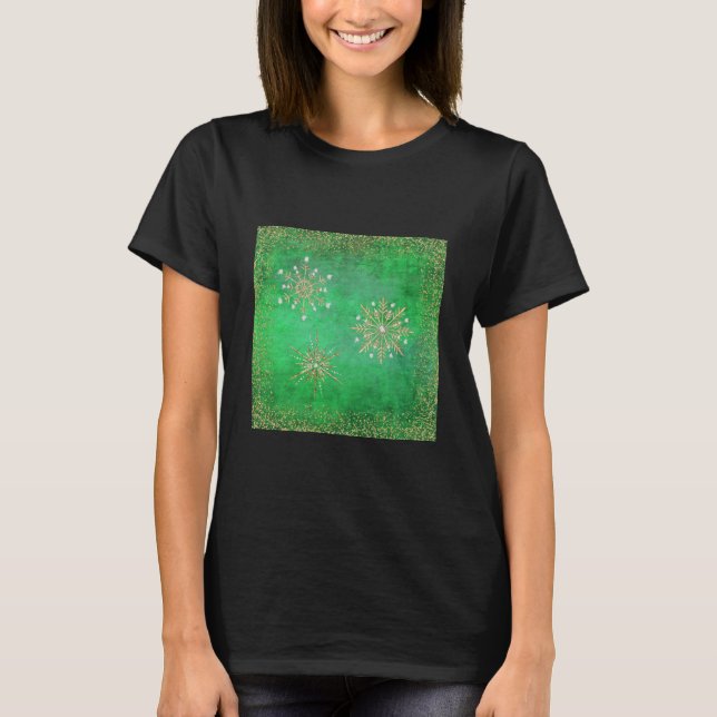 Christmas Snowflakes Green & Gold Glitter T-Shirt (Front)