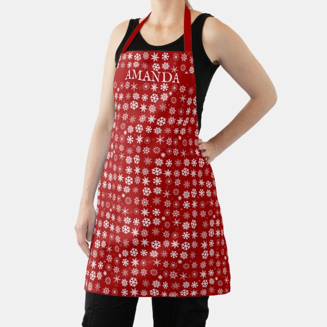 Christmas Snowflakes on Red Custom Apron (Insitu)