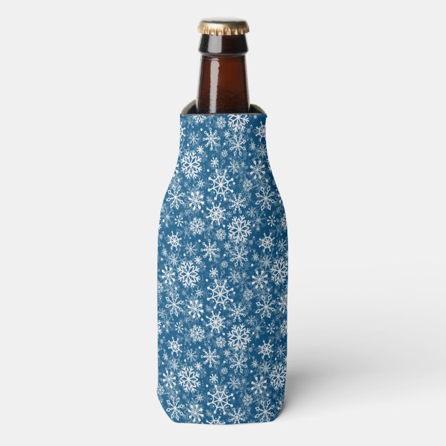 Christmas snowflakes pattern blue bottle cooler (Bottle Front)