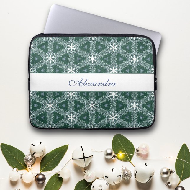 Christmas Snowflakes Pattern Personalised Green Laptop Sleeve (Creator Uploaded)